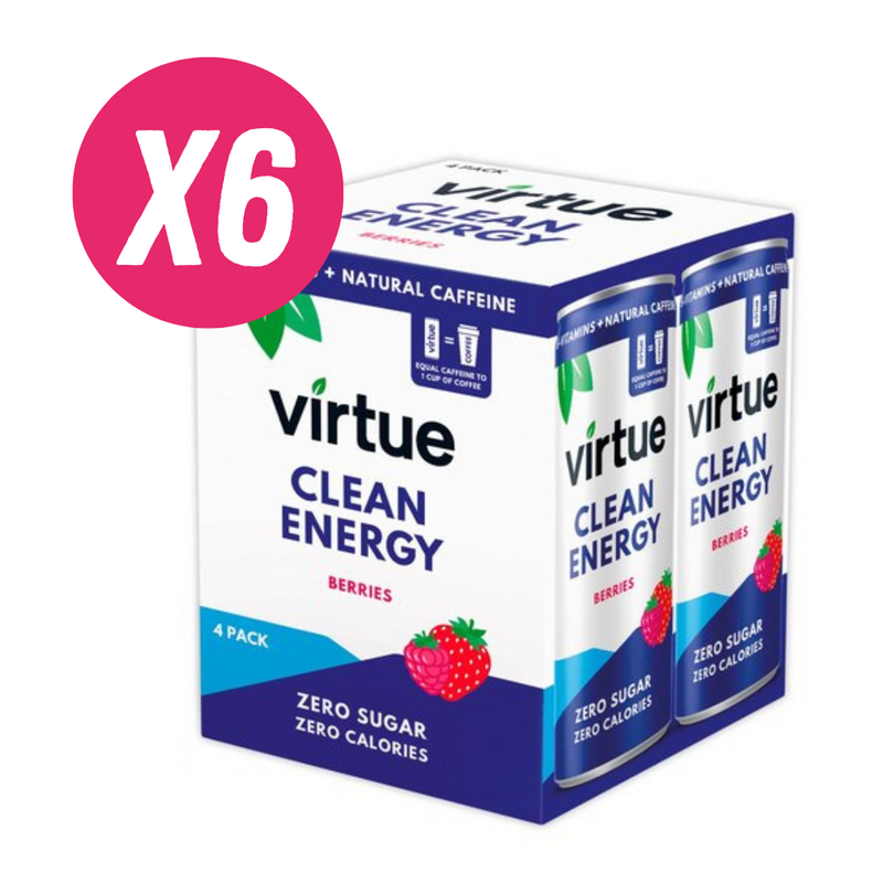 Virtue Clean Energy Berries Flavour Energy Drink (4 x 250ml Multipack) - Case of 6 Multisave (24 cans in total)