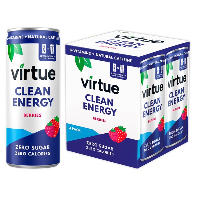 Virtue Clean Energy Berries Flavour Energy Drink (4 x 250ml Multipack) - Case of 6 Multisave (24 cans in total)