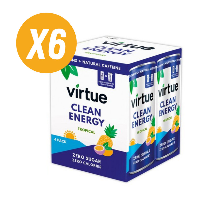 Virtue Clean Energy Tropical Flavour Energy Drink (4 x 250ml Multipack) - Case of 6 Multisave (24 cans in total)